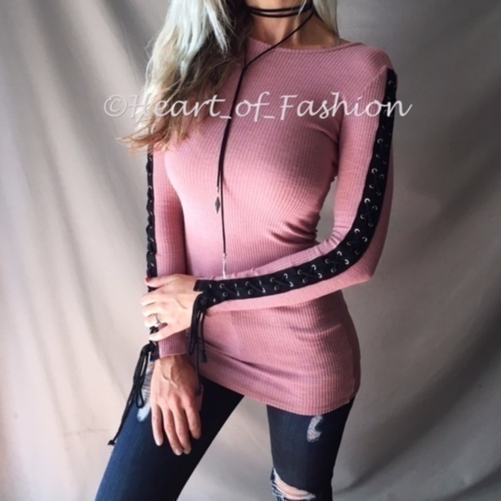 Women's Lace Up Long Sleeve Bodycon Stretch Ribbed Knit Tunic Sweater Dress Top